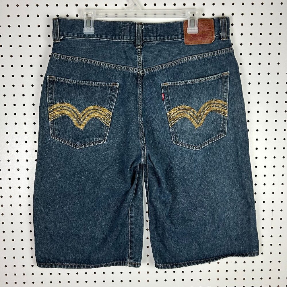 Levi's 579 Baggy Jean Shorts Size 36 Denim Blue Embroidered Wide Leg Y2K Vintage